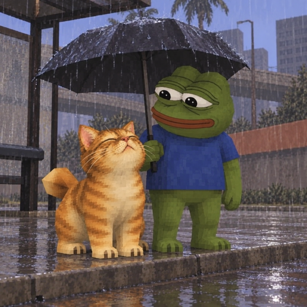 DOCA and Pepe sharing an umbrella on a rainy city sidewalk.